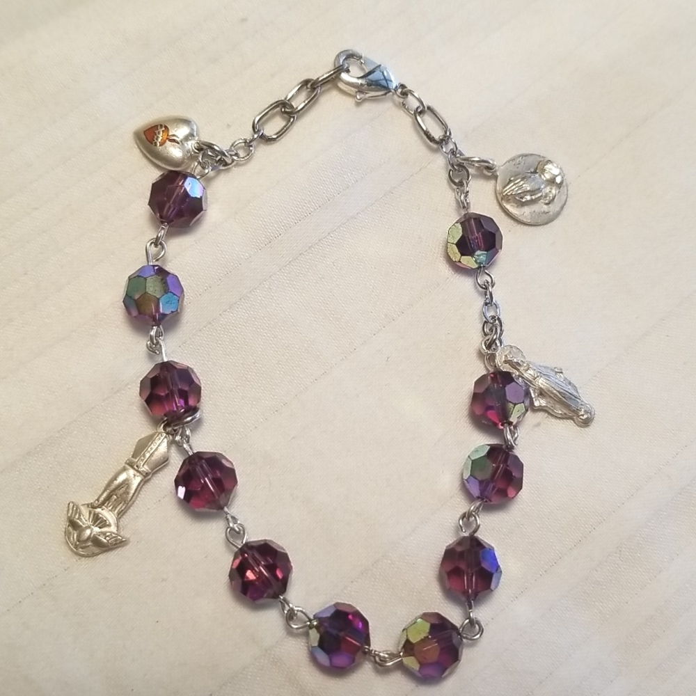 Creed Sterling Silver Purple Crystal Religious Charm Bracelet